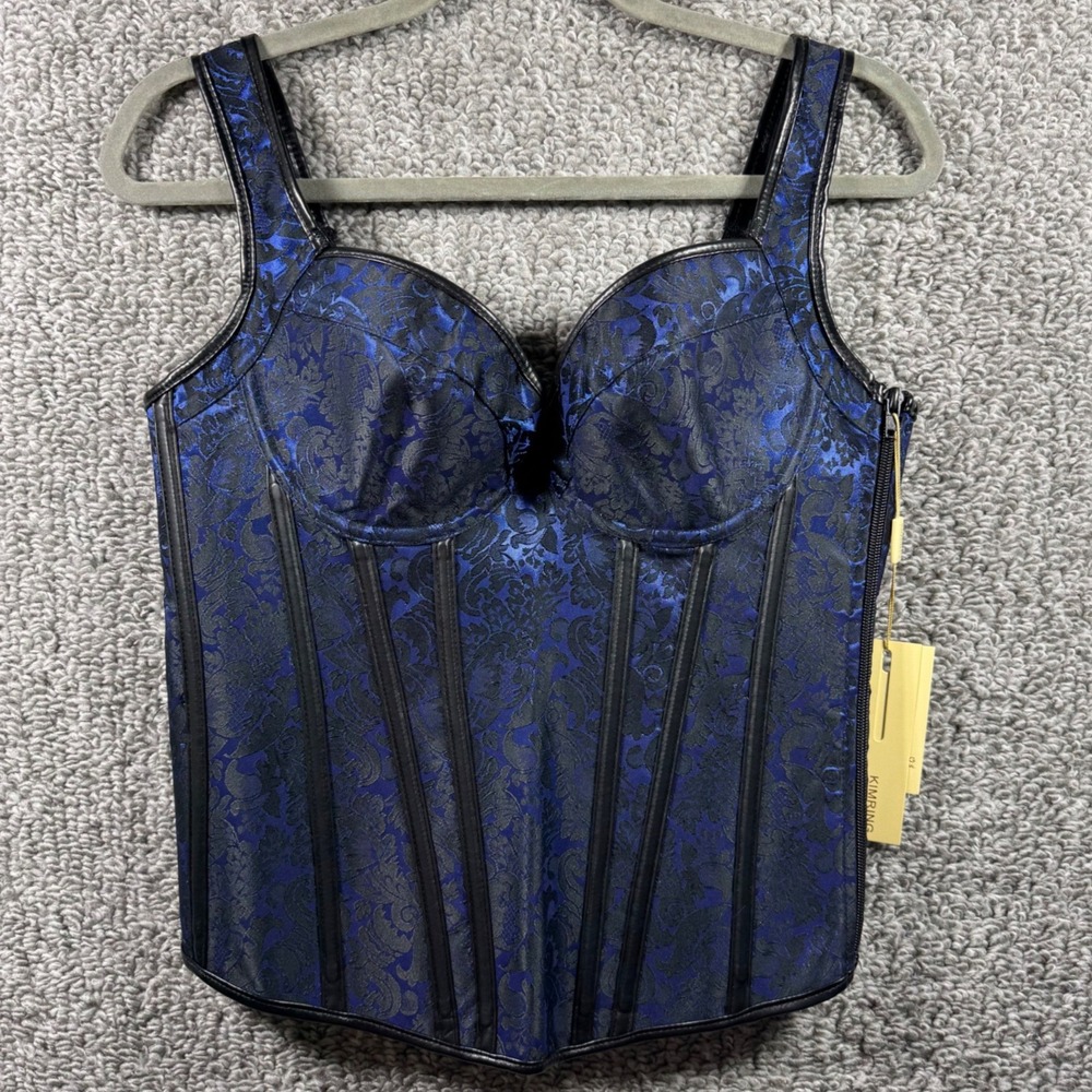 Kimring‎ Gothic Jacquard Corset Top Blue Black Floral Lace Up Boned Bustier XL
